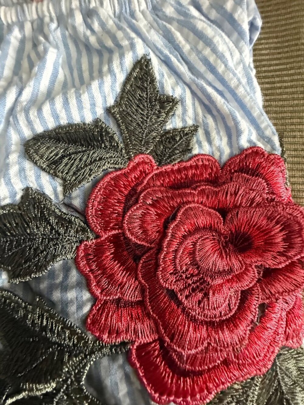 Blue & White Striped Off-Shoulder Top With Floral Embroidery Ruffle Sleeves SJS - Picture 8 of 8